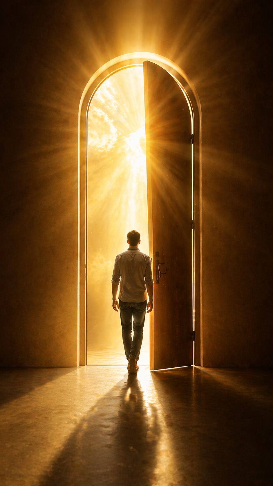 A silhouetted figure at the threshold of a glowing copper doorway — stepping into a story