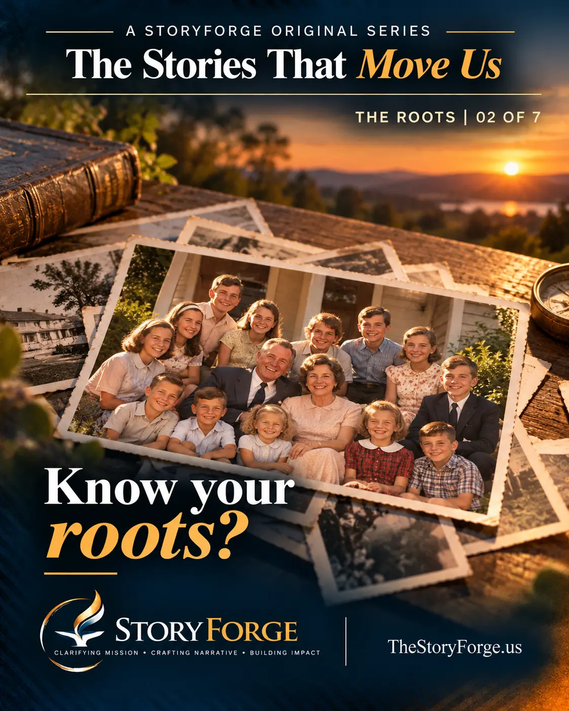 Poster for The Roots: old family photographs of a large multigenerational family, scattered beside a leather-bound book at sunset, beneath the question “Know your roots?”