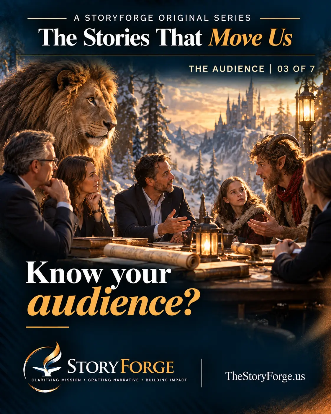 Poster for The Audience: adults and children gathered around a lantern-lit table, with a lion and a snowy castle behind them, beneath the question “Know your audience?”