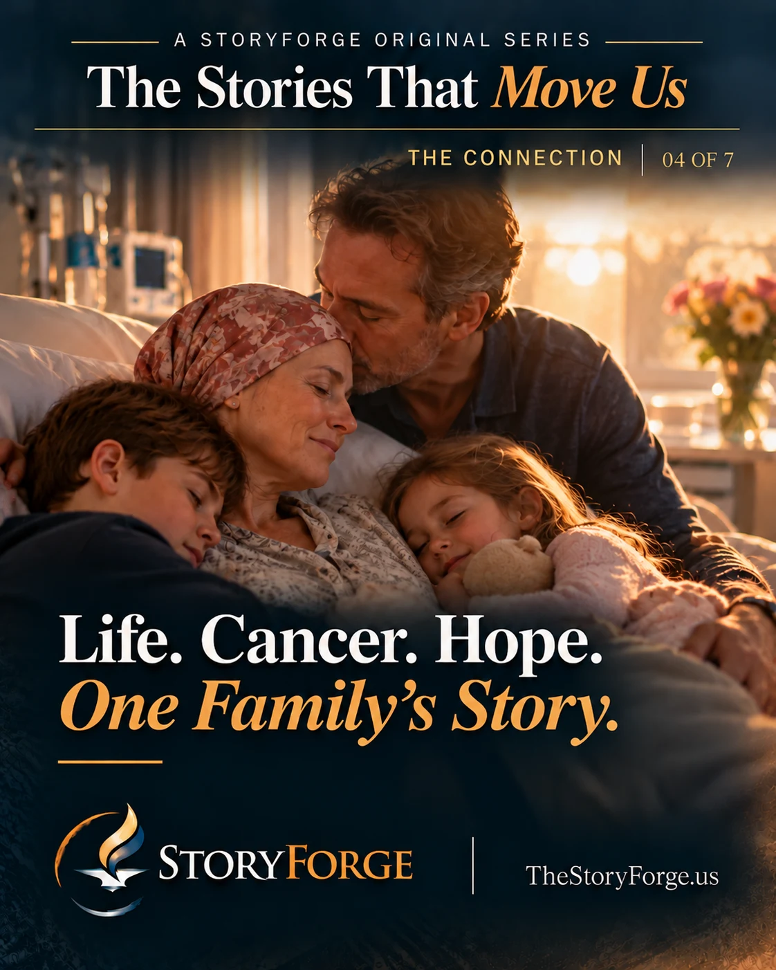 Poster for The Connection: a mother in a headscarf rests in a hospital bed with her two sleeping children as her husband kisses her forehead, beneath the words “Life. Cancer. Hope. One Family’s Story.”