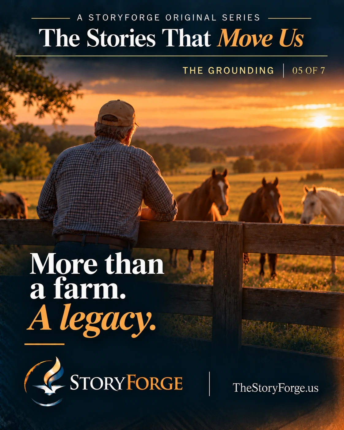 Poster for The Grounding: an older man in a cap leans on a wooden fence, watching horses in a pasture at sunset, beneath the words “More than a farm. A legacy.”