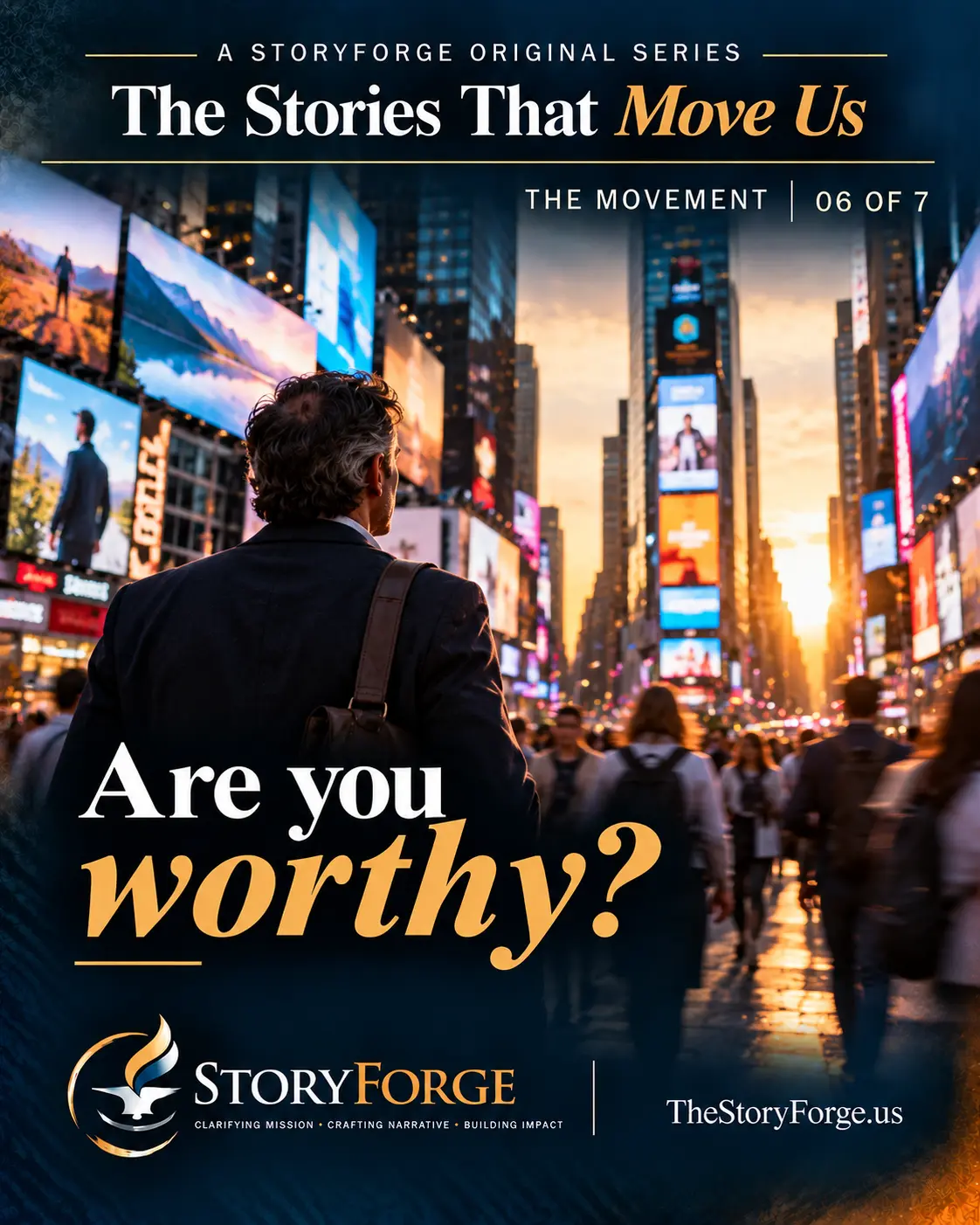 Poster for The Movement: a man with a shoulder bag walks into a crowded, sunlit Times Square, beneath the question “Are you worthy?”