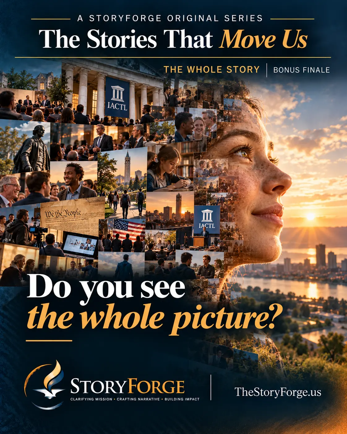 Poster for The Whole Story: a collage of civic scenes and gatherings forms the profile of a young woman, beneath the question “Do you see the whole picture?”